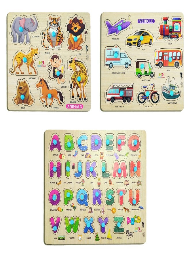 HIGHROOF® Kids Fort Pre Nursery Educational Jigsaw Puzzles for Adults Kids Learning Toys Kit Board Game 3 pcs Set of Animals, Alphabets & Vehicle. Educational Toy - Image 1